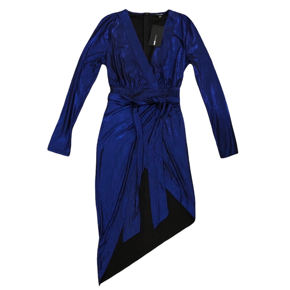 Fashion Nova Women Asymmetrical Royal Blue Shiny Long-Sleeve Dress, Size…